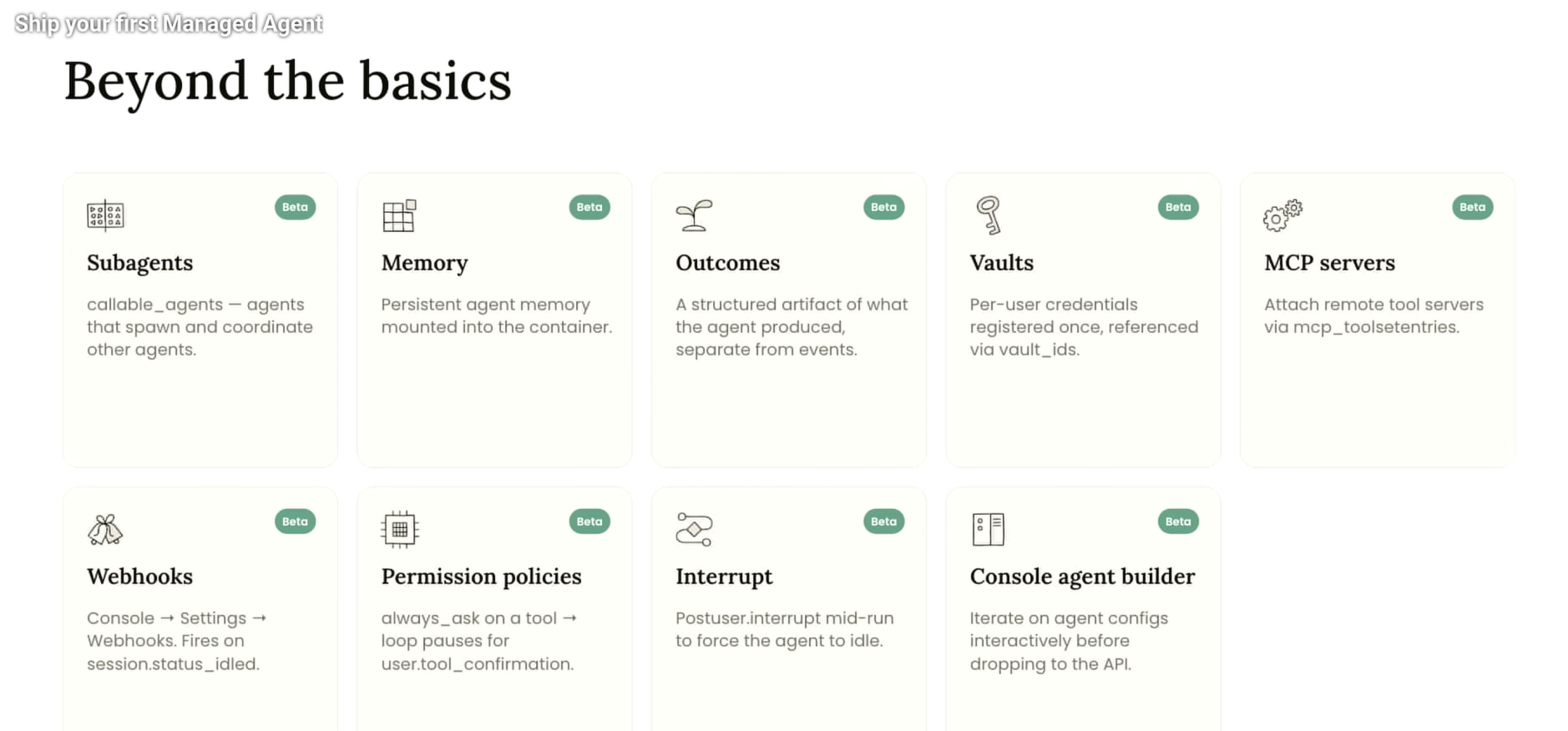 Beyond the basics — dziewięć funkcji Managed Agents, wszystkie oznaczone Beta