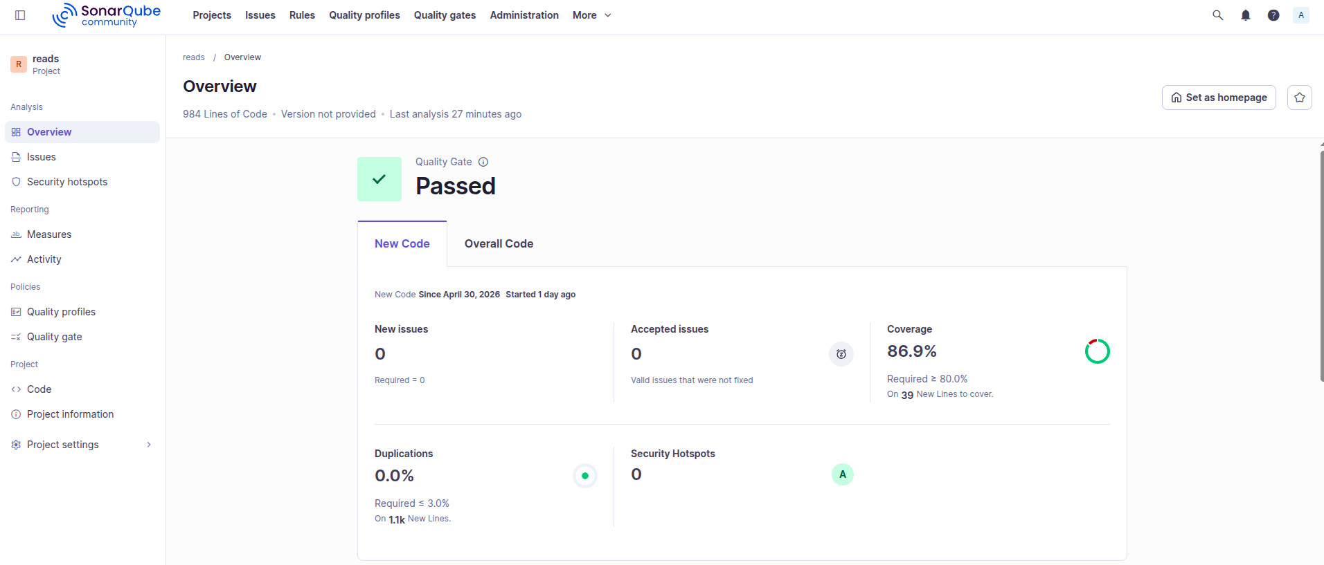 SonarQube dashboard